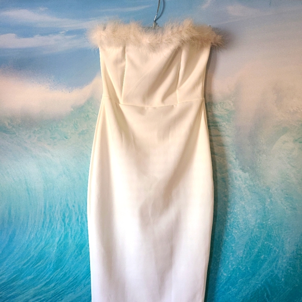 Never Worn Strapless Midi Bodycon Boohoo White Feathered Dress